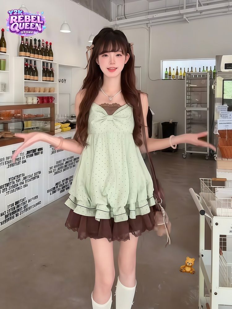 Elastic Lace Trim - Vestido Mini Feminino Coquette Doce Coreano